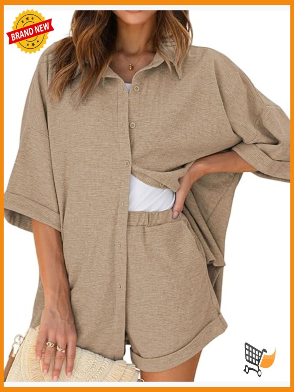 Waffle Knit Lounge Set Short Sleeve Button Down Pjs Oversized Shorts Set